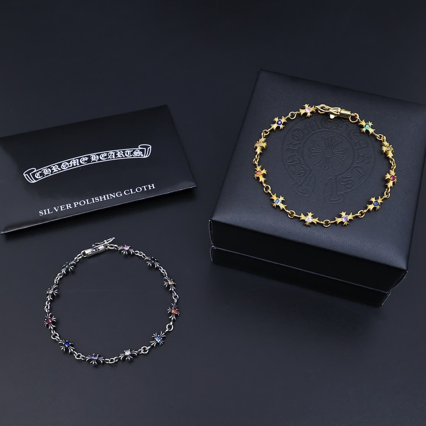 Chrome Hearts Silver Bracelet with Multicolored Stones